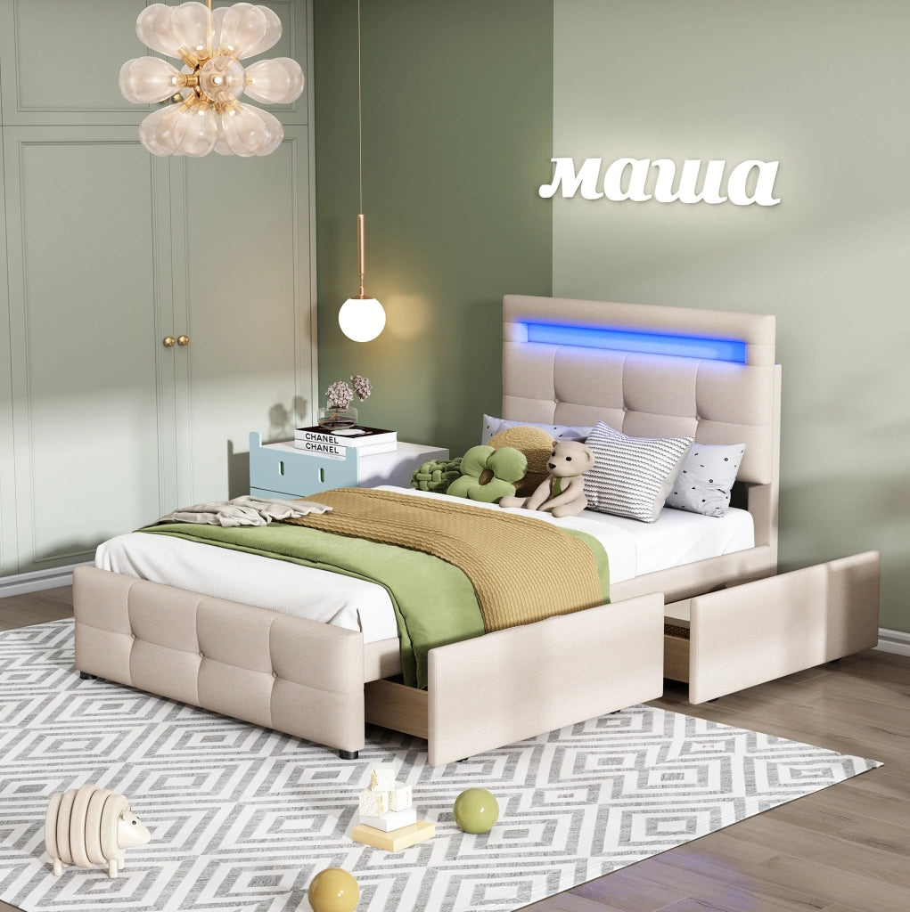 Letto imbottito con LED e 2 cassetti, 90x200 cm, beige