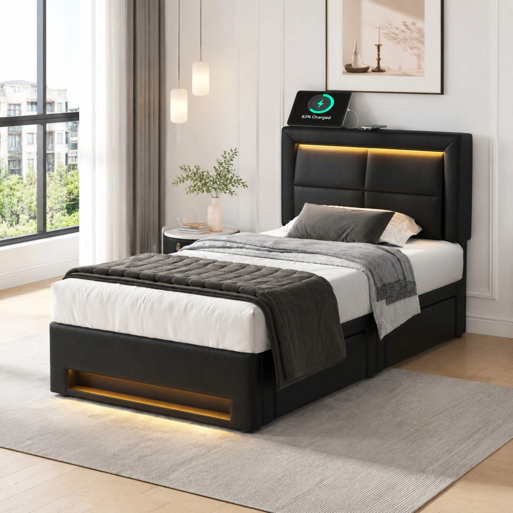 LETTO imbottito 90x200 cm nero in PU con USB, LED e 4 cassetti