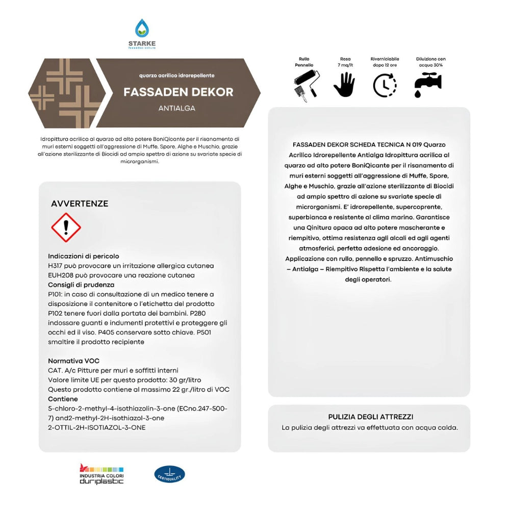 Quarzo fine fassaden dekor acrilico coprente idrorepellente antialga antimuffa *** formato 12.5 lt, confezione 1