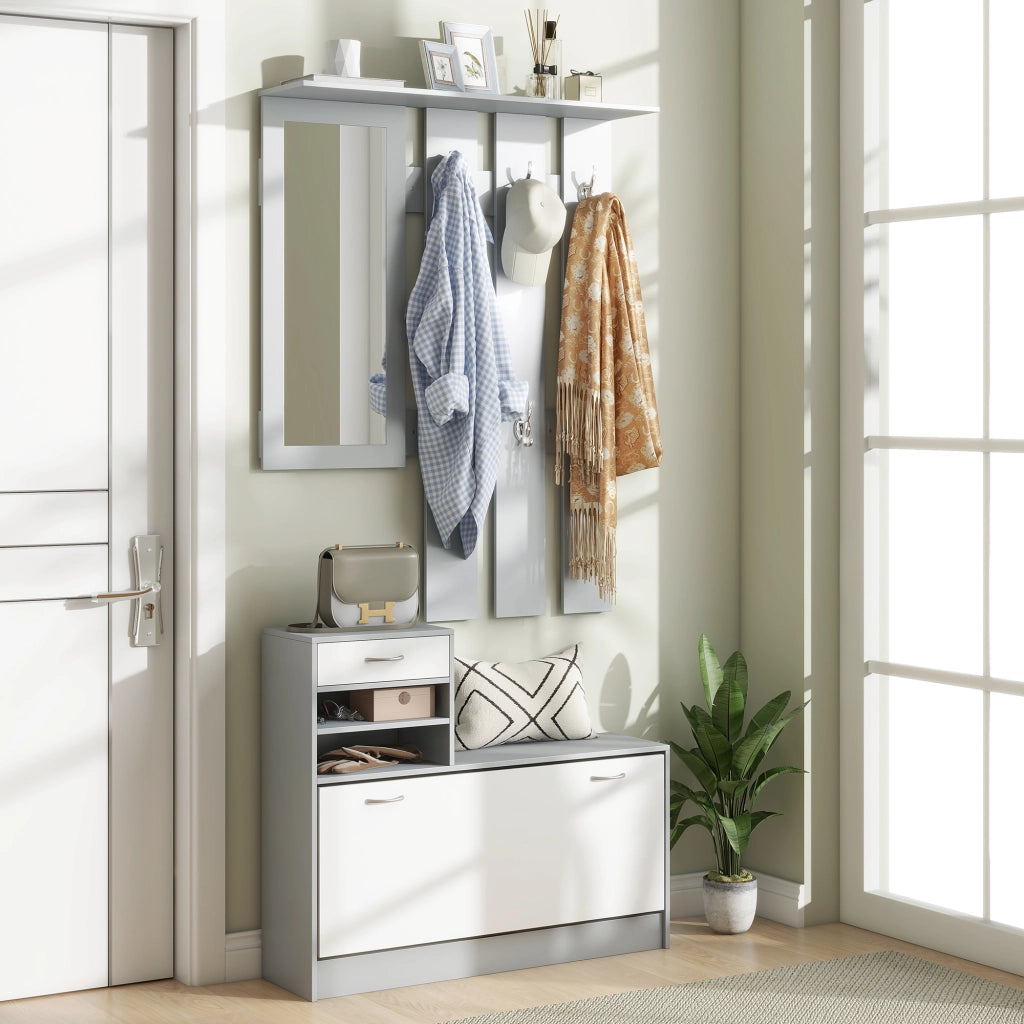 Appendiabiti con specchio e scarpiera ¨C zephmum ¨C 2 pezzi, grigio, con ganci e cassetto