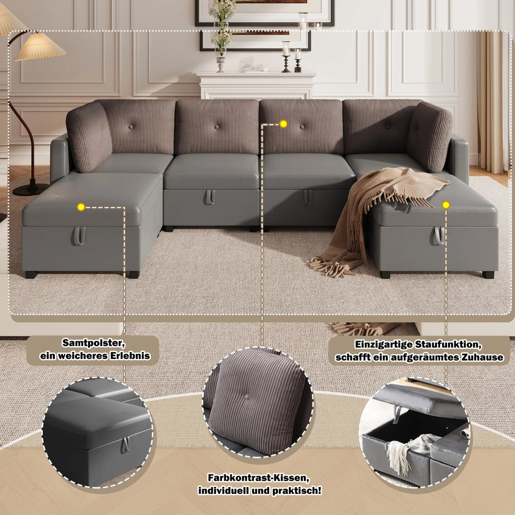 DIVANO modulare a U 261x132,5 cm velluto e corda grigio antico