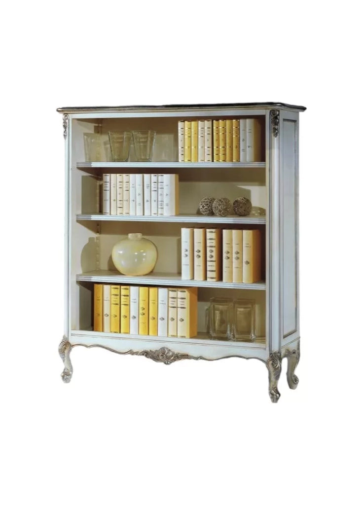 Libreria classica legno shabby bianco argento 130x50x150 - Mobili 2G