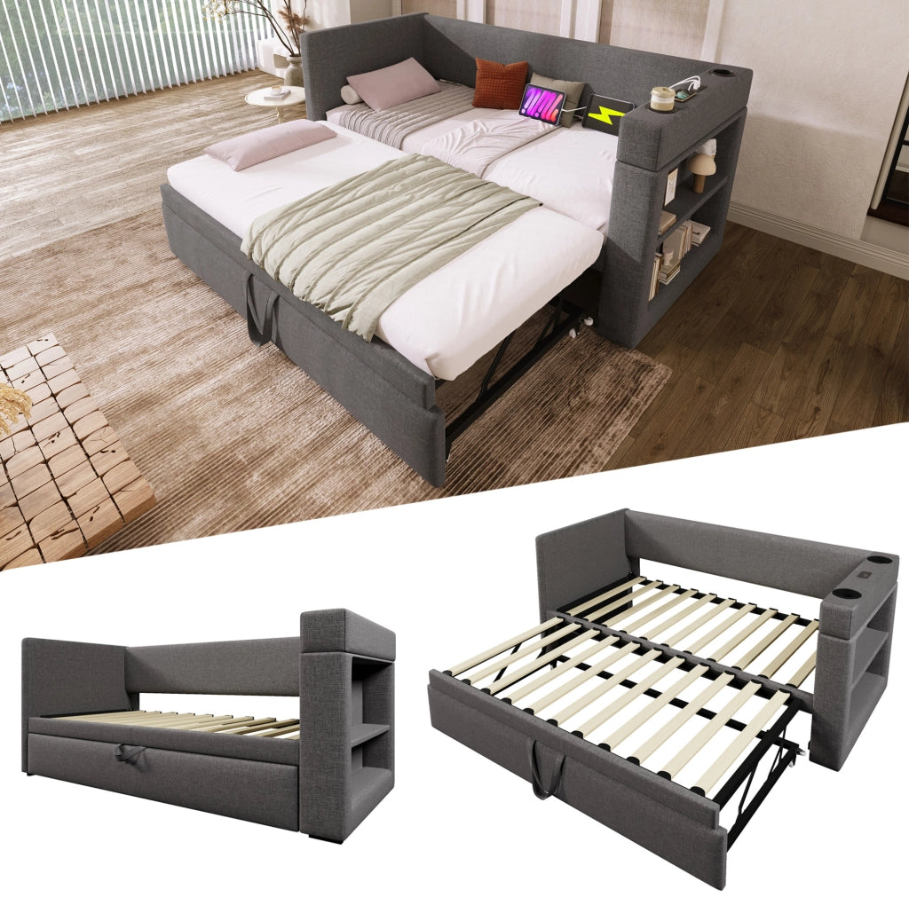 Divano letto estraibile 90x190 cm con USB, portabicchieri e vani laterali