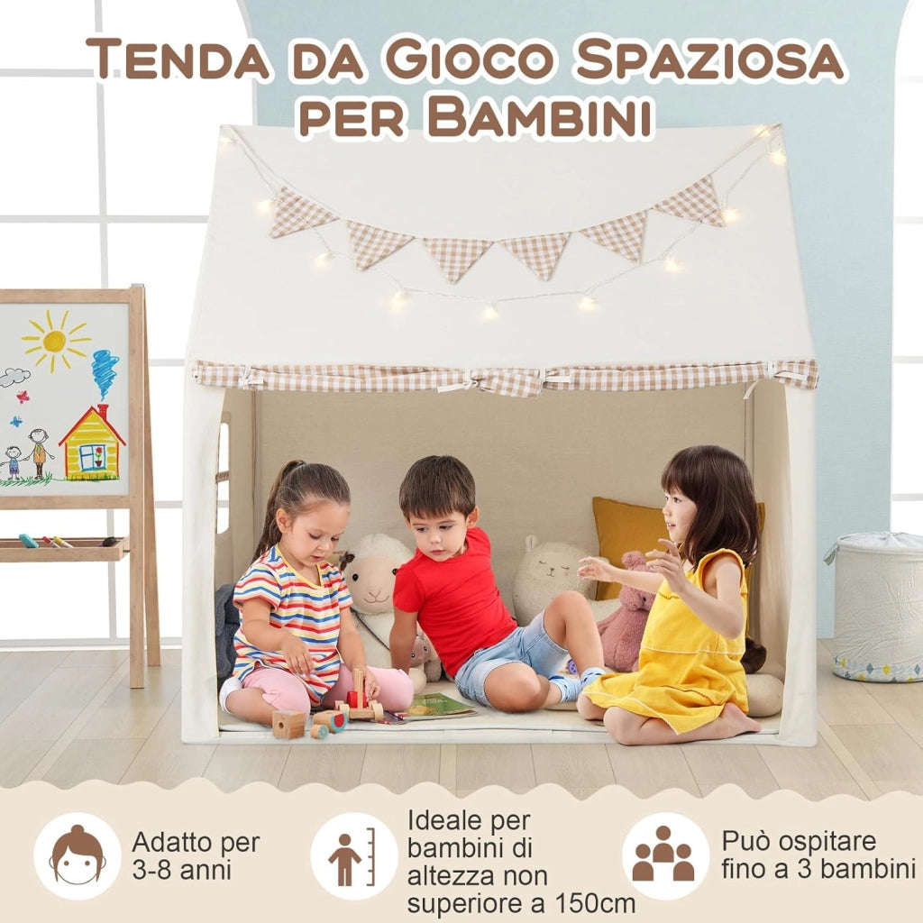 Tenda da Gioco per Bambini, Casetta Tenda da Gioco con Tappetino Imbottito, 2 Finestre Traspiranti e 2 Tasche, Luci a Stella e Bandierine Incluse, Tenda per Bambini 3-8 Anni (Beige)