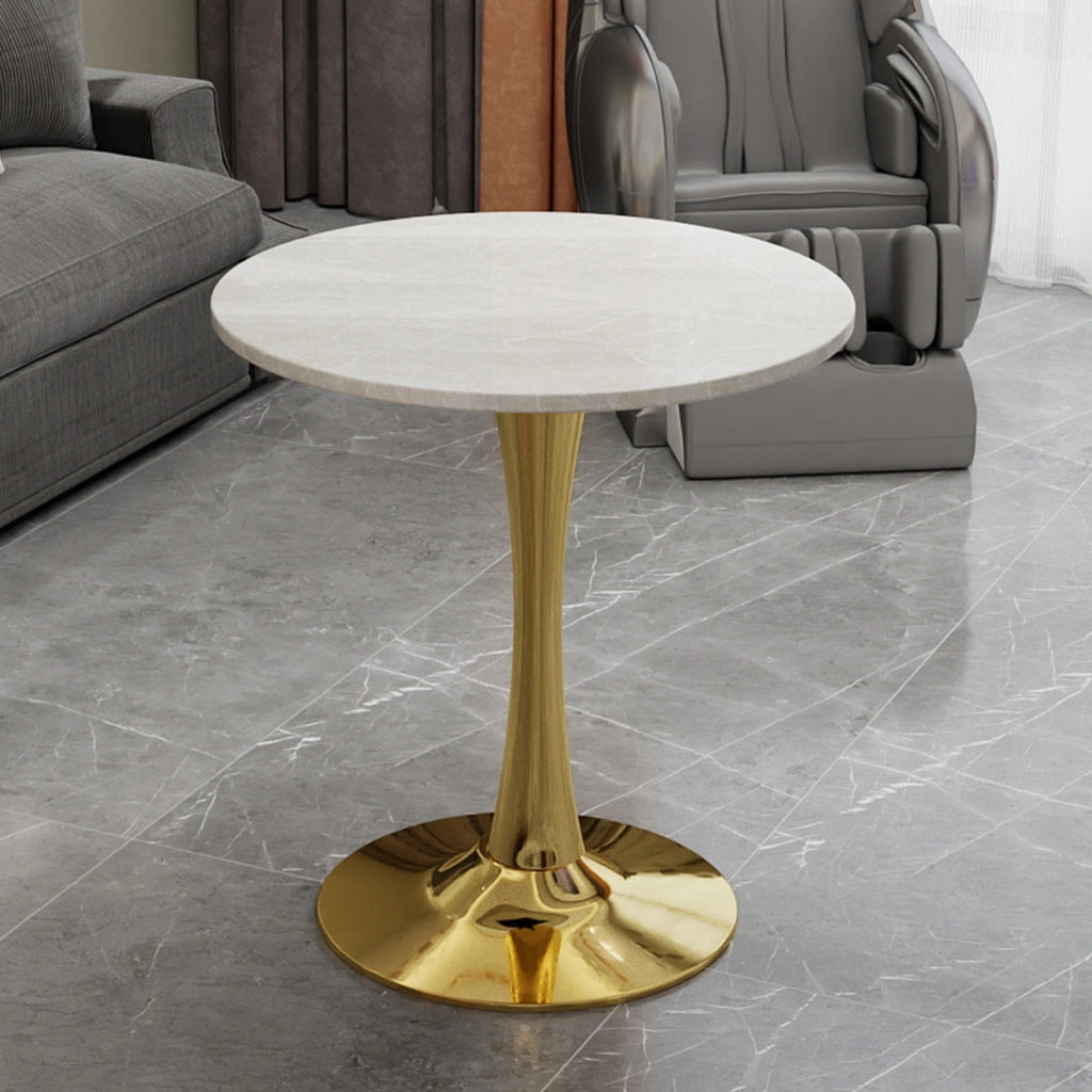 Tavolino rotondo moderno in marmo artificiale, colore oro e bianco