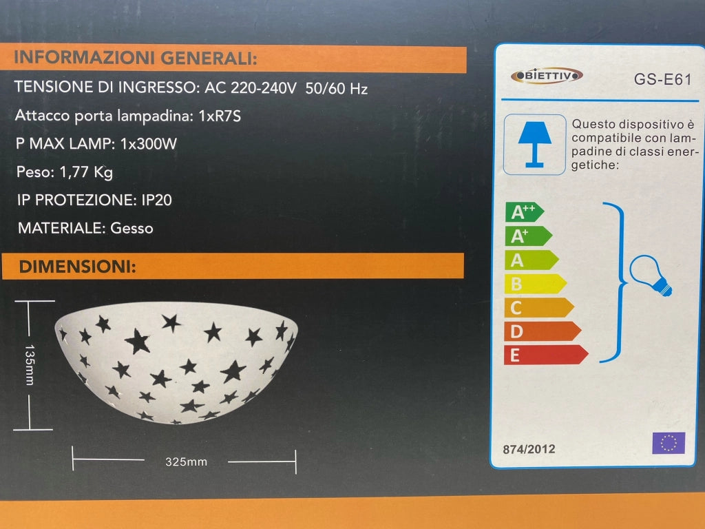 APPLIQUE GESSO LAMPADA DA PARETE A LED R7S STELLE LUMINOSE LUCE NATURALE 4000K