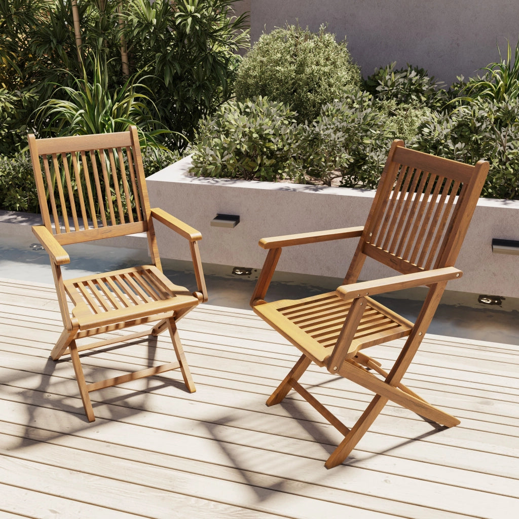 Set di 2 Sedie Da Giardino Pieghevoli In Legno Di Acacia Con Braccioli Seduta e Schienale Alto Con Doghe Per Giardino Esterno Piscina Patio Terrazzo Balcone 91 x 58 x 52 cm