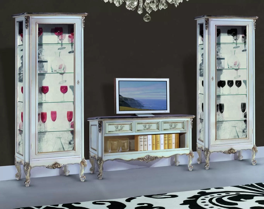 Parete attrezzata classica legno shabby bianco argento - Mobili 2G
