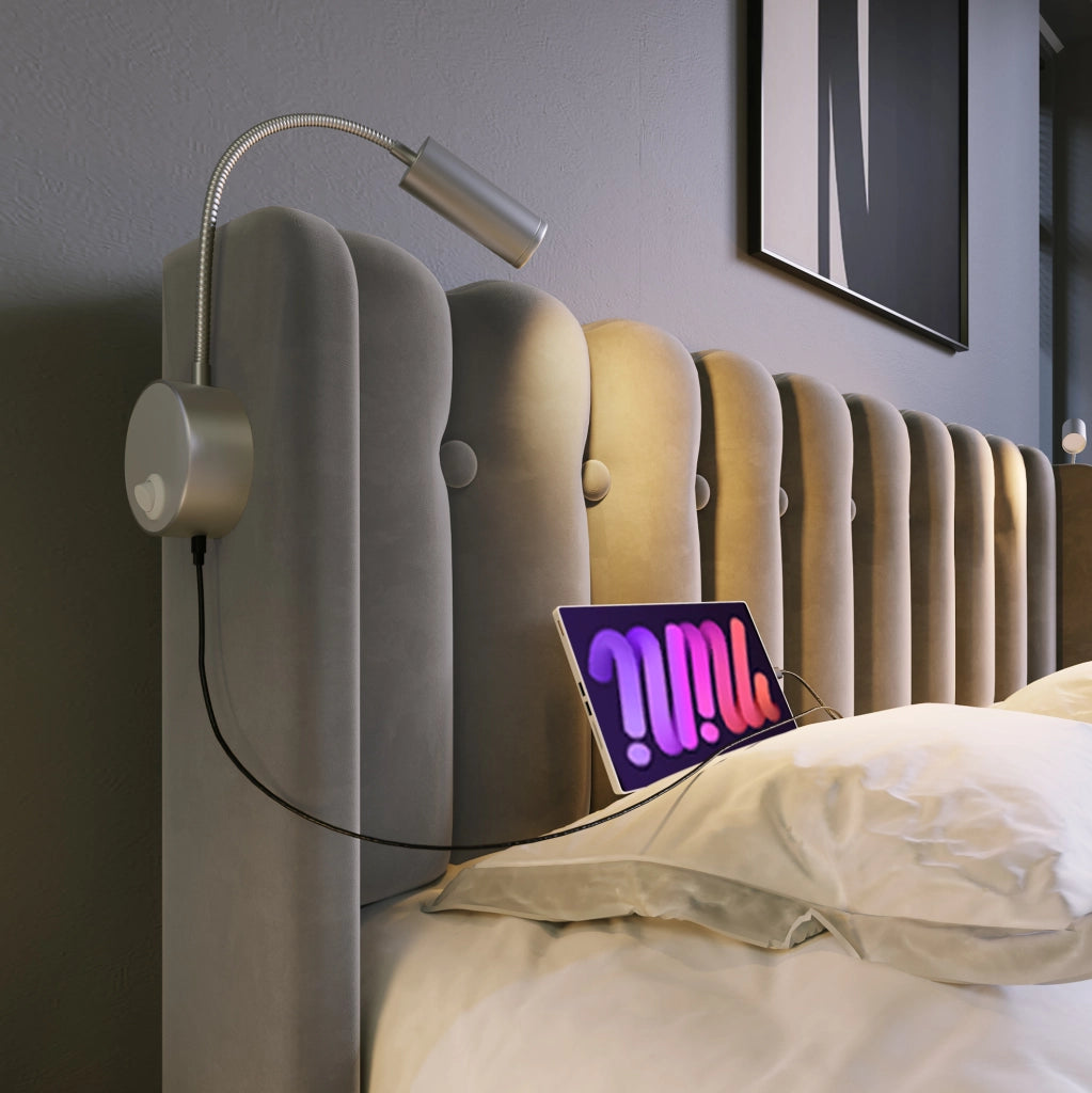 Letto singolo in velluto grigio con luce da lettura, USB e contenitore