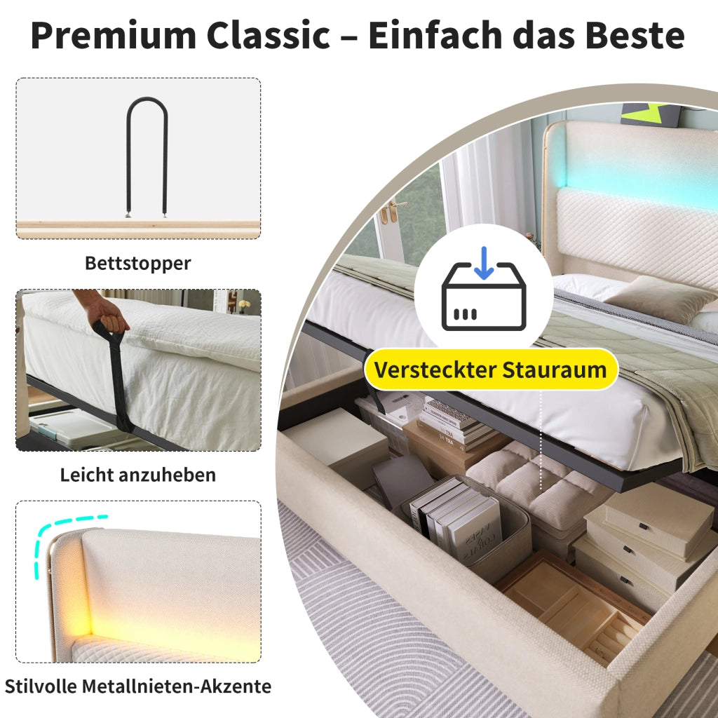 LETTO idraulico 90x200 cm in lino beige con LED, USB e Type-C