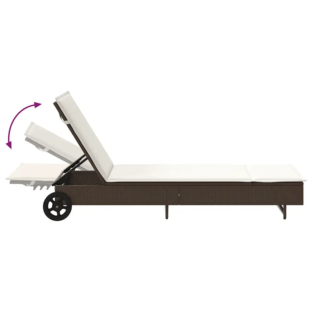 Lettino Prendisole con Ruote e Cuscino in Polyrattan Marrone 4104034