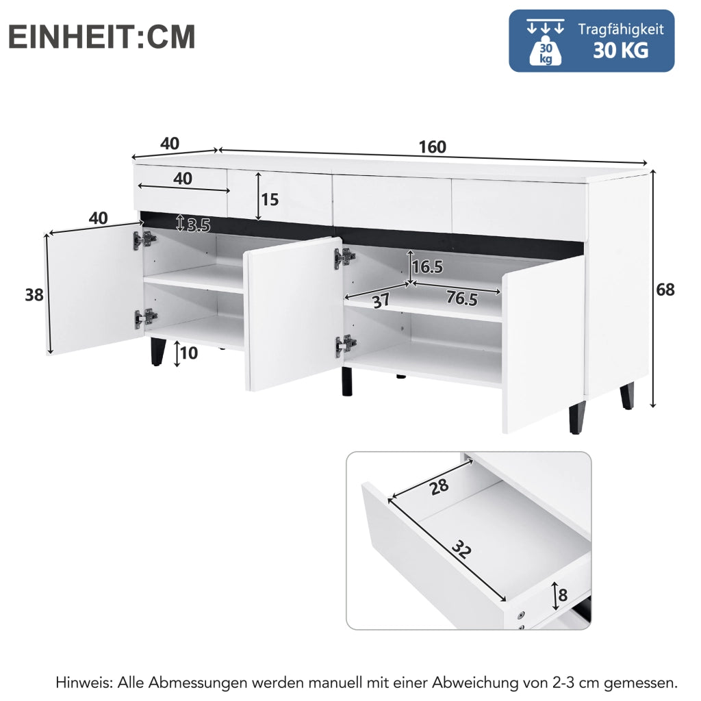 Sideboard bianco lucido con 4 cassetti, 2 ante e ripiani regolabili, 160 x 40 x 68 cm