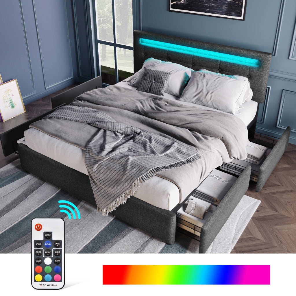 LETTO matrimoniale 140x200 cm in lino grigio con LED e 4 cassetti