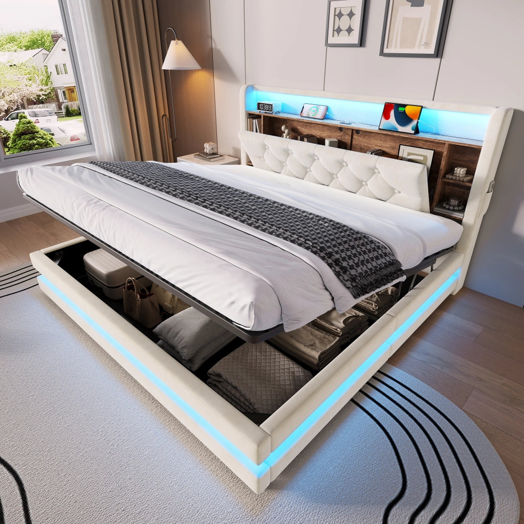 Letto contenitore imbottito 160x200 cm; sollevamento idraulico; testiera con ripiani; LED; 2 USB/Type-C; rete a doghe; velluto; beige