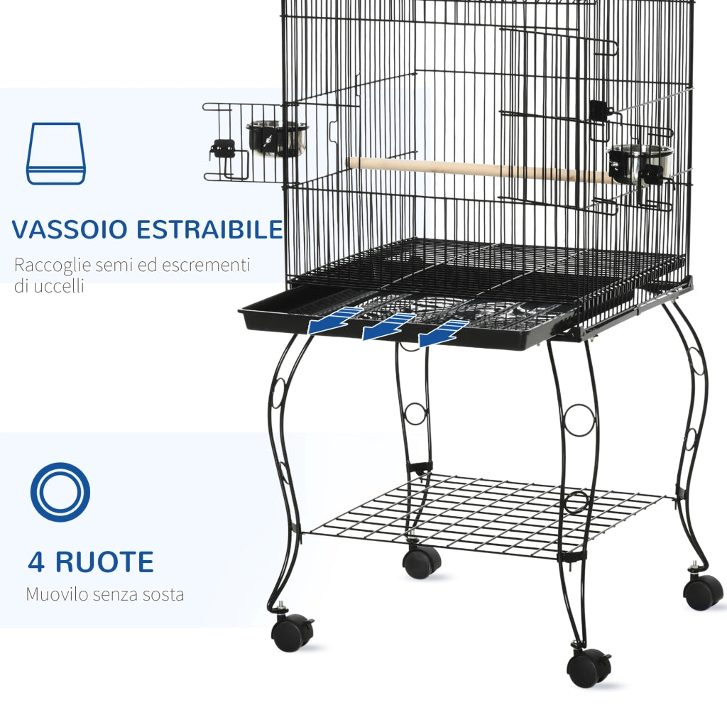 EasyComfort Gabbia per Uccelli da Interni in Legno con Vassoio, 4 Ruote e Trespolo, 50x49x137cm