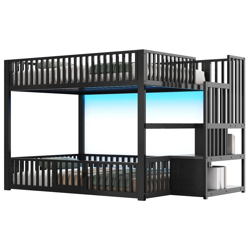 Letto a soppalco con LED - Zephmum- 140x200 cm, nero, scala con vano