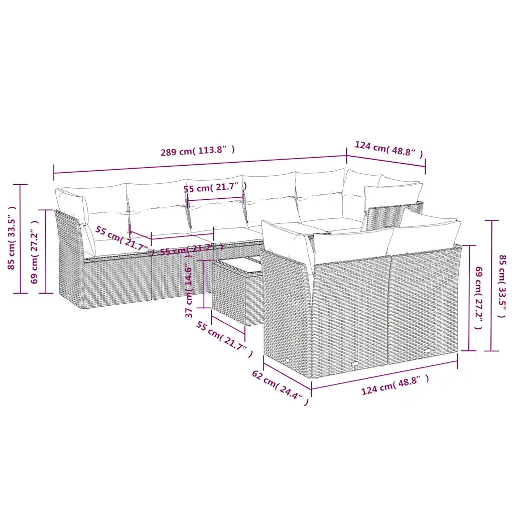 Set Divani da Giardino 9pz con Cuscini Marrone in Polyrattan 3249762