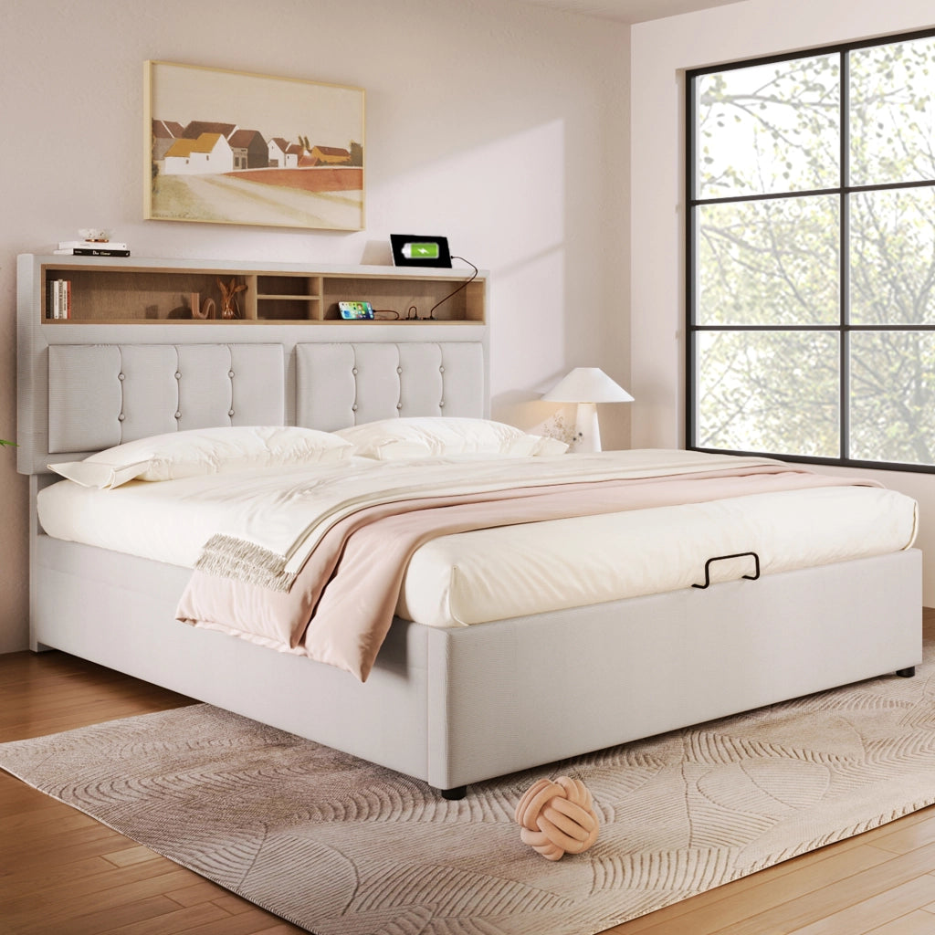 LETTO imbottito contenitore 160x200 cm in lino beige con USB e presa