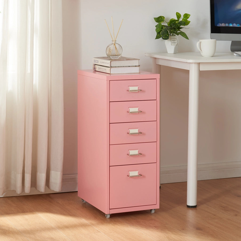 Cassettiera Kökar in Acciaio Mobile Archivio con 5 Cassetti e Rotelle - Rosa [en.casa]