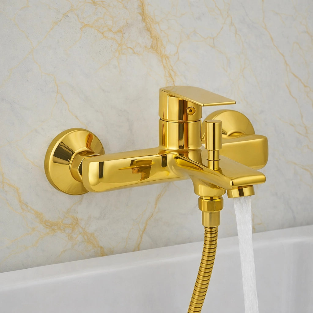 Rubinetto Miscelatore Vasca Bagno Oro Lucido da Parete + Deviatore Doccia 94014