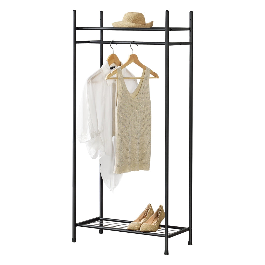 Organizzatore Guardaroba, Scaffalatura con Asta Appendiabiti e 2 Ripiani, Cabina Armadio Senza Ante (AxLaxP) 130 x 60 x 30 cm - Nero, Metallo