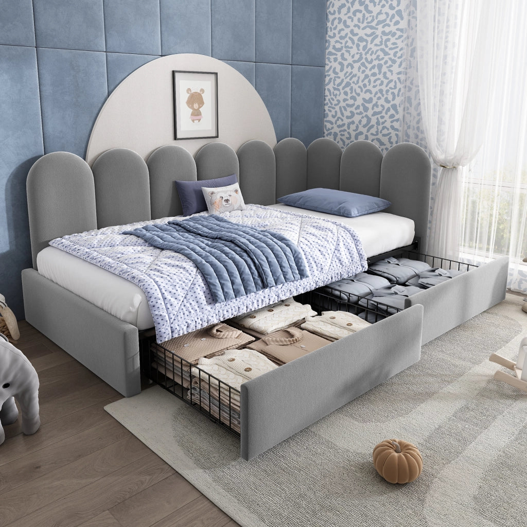LETTO Divano 90x200 cm in velluto grigio con 2 cassetti