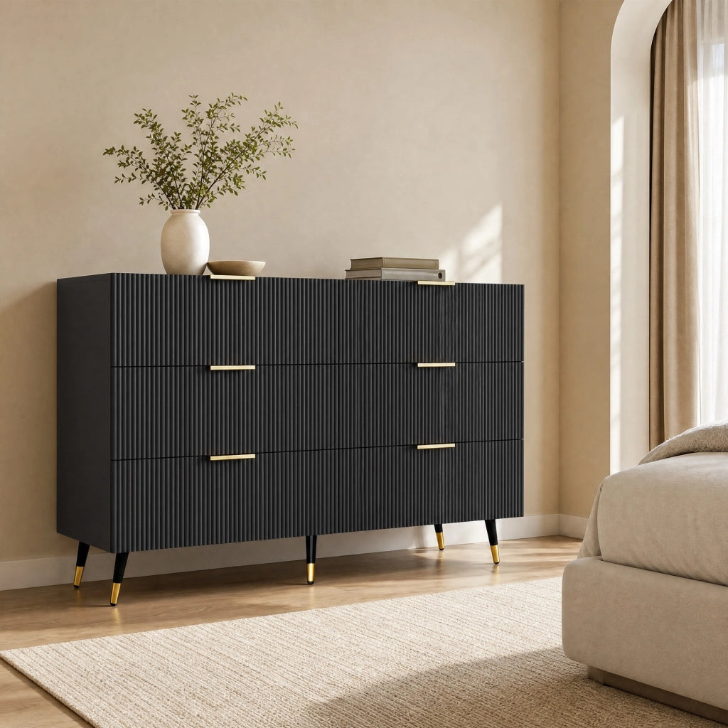 Credenza moderna nera e oro con 6 cassetti, 120x40x77 cm, design minimalista
