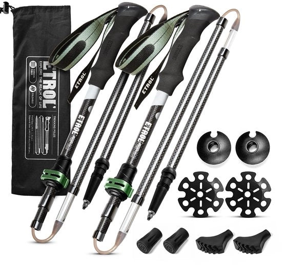 Trekkingstocchi Ultra Leggeri in Carbonio, Astucciabatteria con Chiusura Rapida Flip Lock, Manubrio in Eva, 4 Paia di Paraurti in Gomma e 2 Tasche Portaaccessori