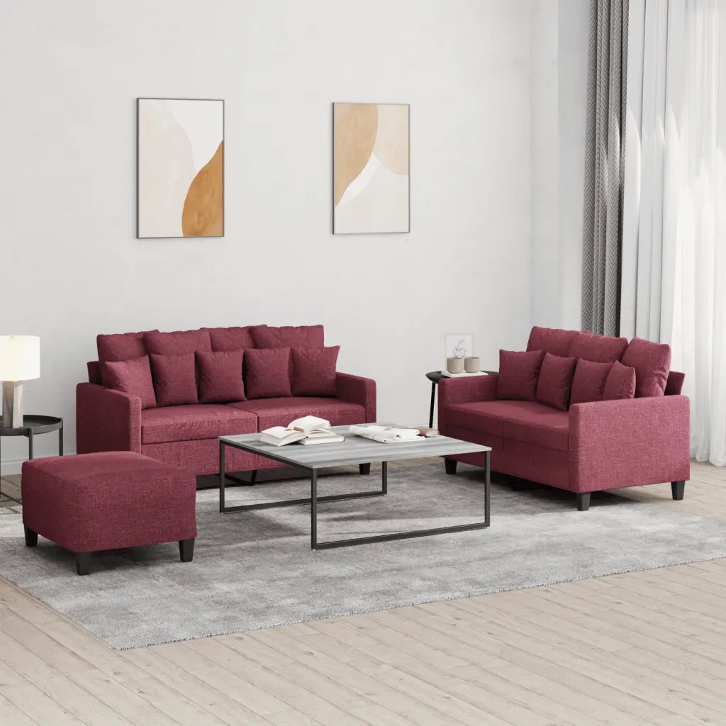 Set di Divani 3 pz con Cuscini Rosso Vino in Tessuto 3201662