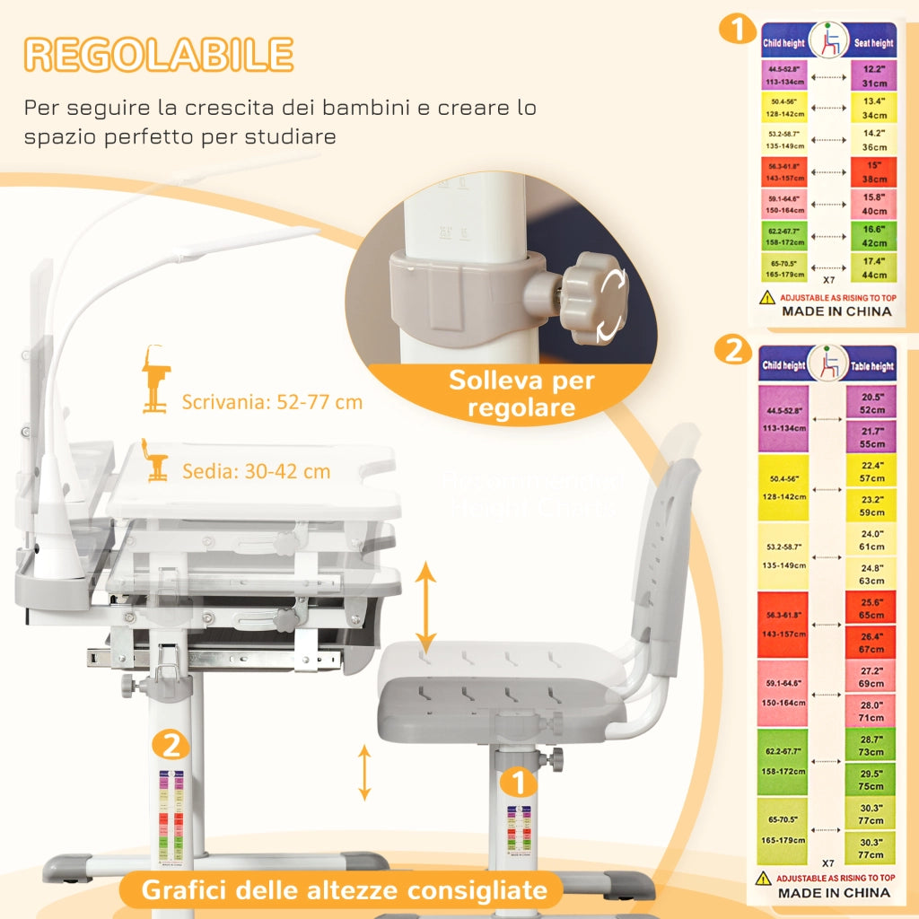 Sedia e Scrivania Regolabile per Bambini ¨C zephmum ¨C Grigio