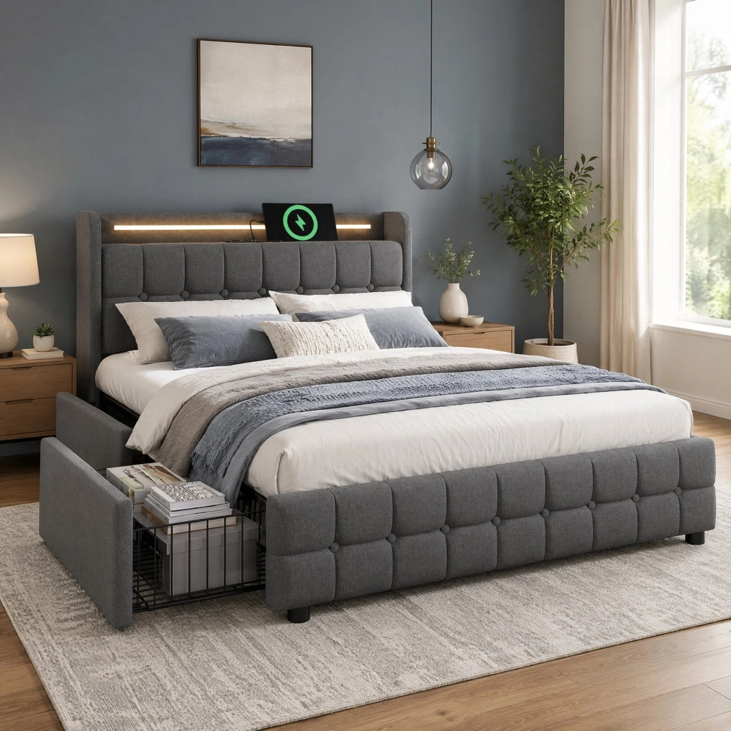 LETTO imbottito 180x200 cm grigio con USB, prese, LED e 4 cassetti