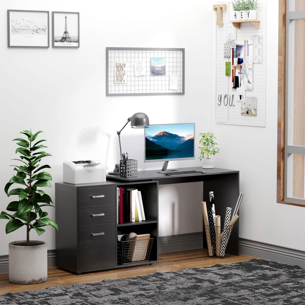 Scrivania Angolare per PC con Cassetti e Ripiani ¨C Minimal ¨C Legno e Metallo, 117x83.5x76 cm, Nero