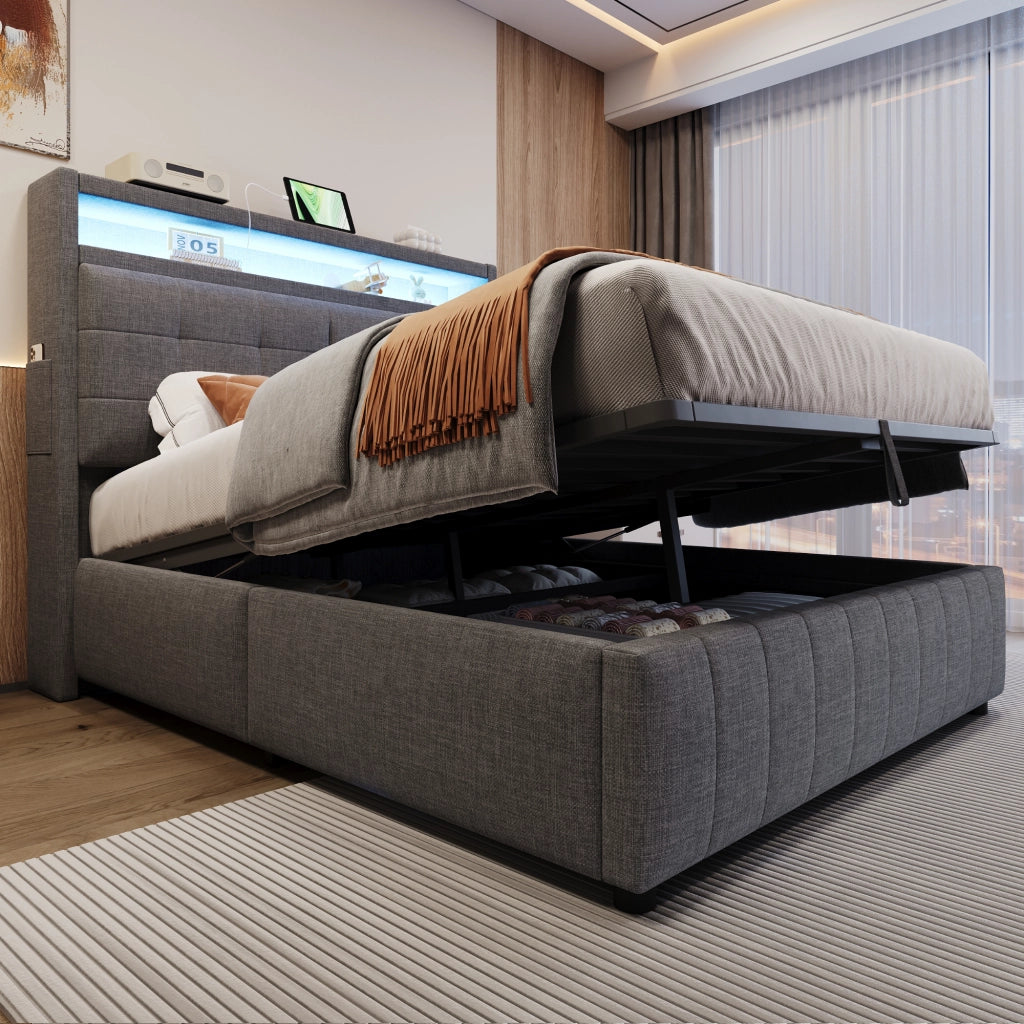 LETTO Imbottito 140x200 cm Grigio in Lino con LED, USB e contenitore