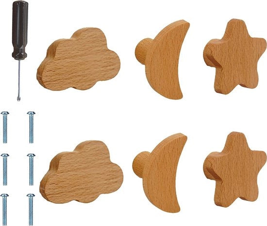 Set di maniglie in legno per camera da letto dei bambini - Maniglie per mobili - Ster Wolk Maan - Decorativo - Set da 6 - Adatto per cassetti, ante e porte - Legno naturale - Decorazione per camera da letto dei bambini