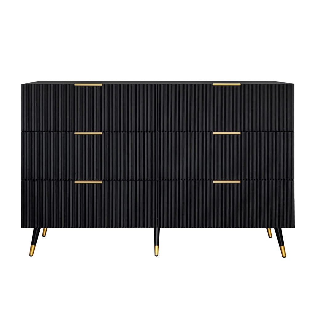 Credenza moderna nera e oro con 6 cassetti, 120x40x77 cm, design minimalista