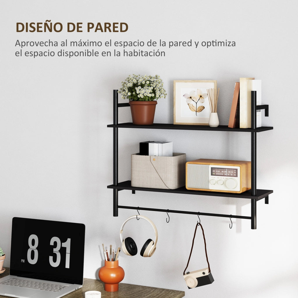 Scaffale a Parete 2 Livelli con 4 Ganci ¨C Minimal ¨C 80x24x65 cm Nero