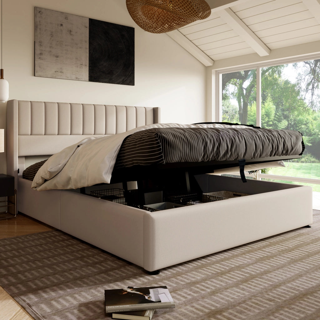 LETTO Contenitore idraulico 160x200 cm Beige in lino