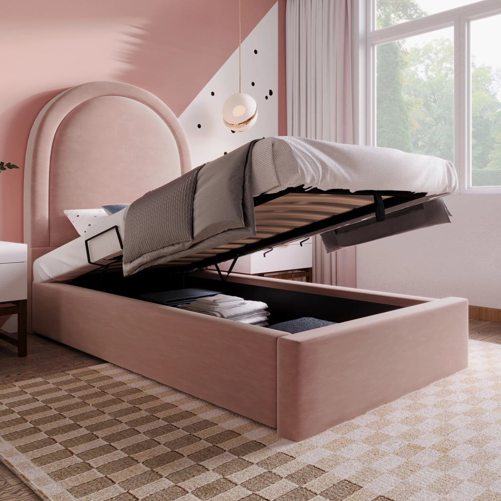 Letto imbottito singolo 90x190 cm in velluto rosa con contenitore idraulico e testiera semicircolare