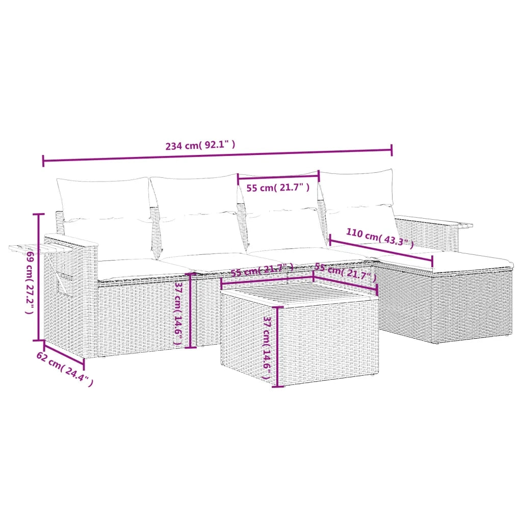 Set Divano da Giardino 6 pz con Cuscini-Sofa da Giardino-Divanetto da esterno Grigio in Polyrattan 720986