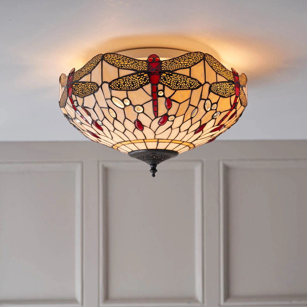 Plafoniera Tiffany vetro beige Libellule 2xE27 60W