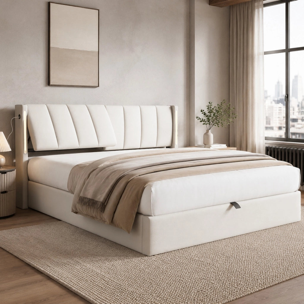 LETTO Contenitore 140x200 cm PU Bianco con LED e rete a doghe