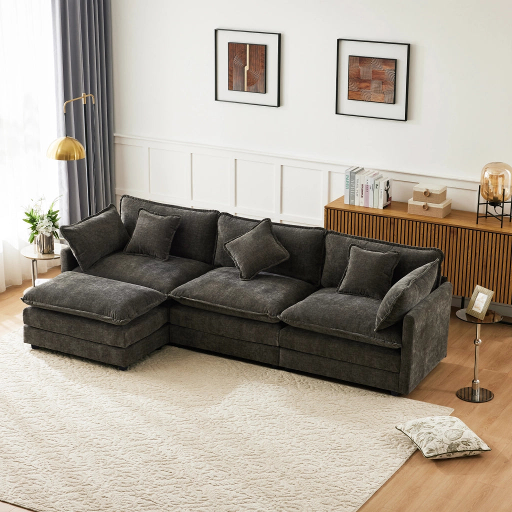 Divano angolare L moderno - Zephmum - Tessuto chenille, tre posti con poggiapiedi, Grigio