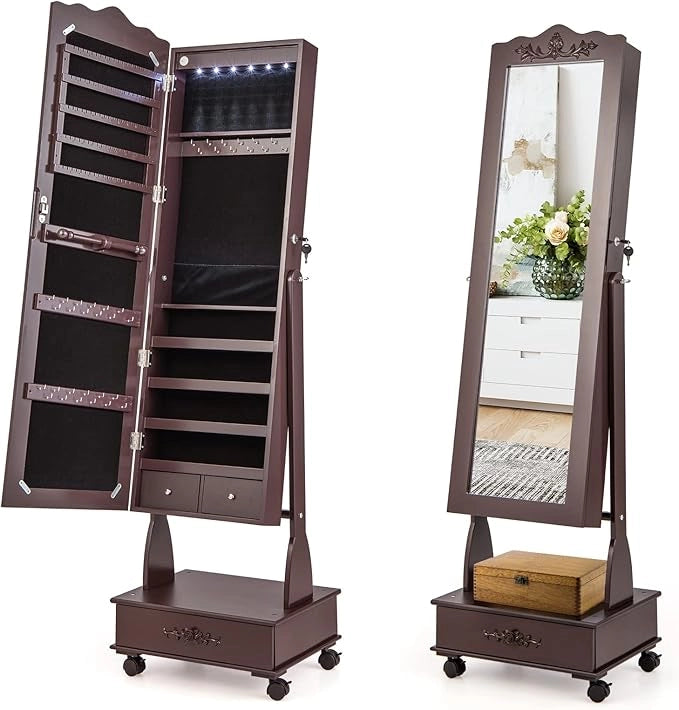 Armadio Portagioie da Terra con Ruote, Specchio Portagioie con Luci LED, Specchio a Figura Intera, Angolo Regolabile, Organizer per Gioielli (Marrone, 45 x 35 x 157 cm, Con Cassetto)