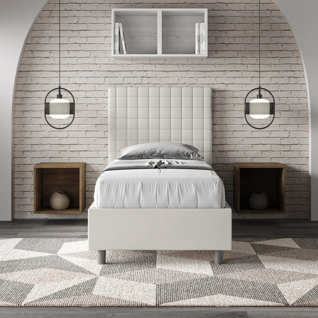 BS COM Letto singolo con rete imbottito 90x210 similpelle bianco