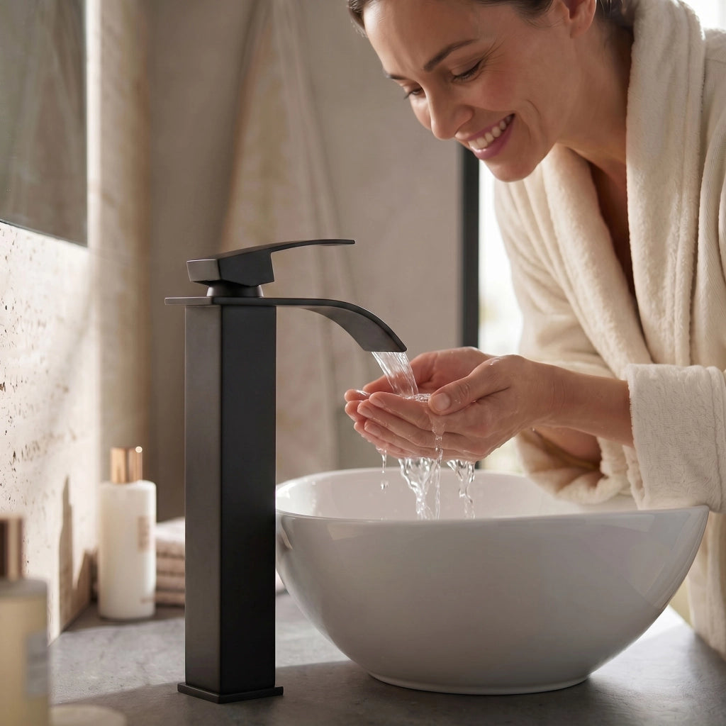 Rubinetto lavabo alto a cascata nero da appoggio miscelatore bagno EVIO