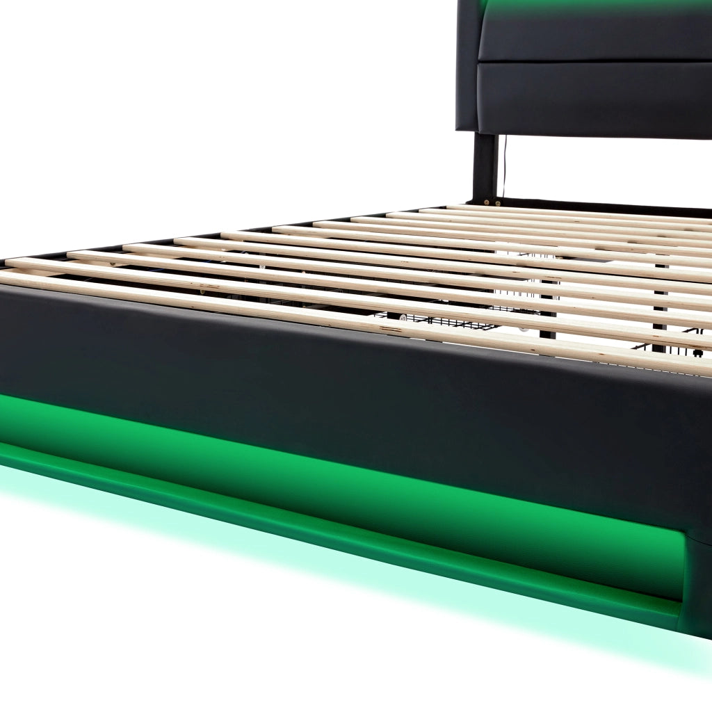 LETTO imbottito 140x200 cm PU nero con USB, LED e 4 cassetti