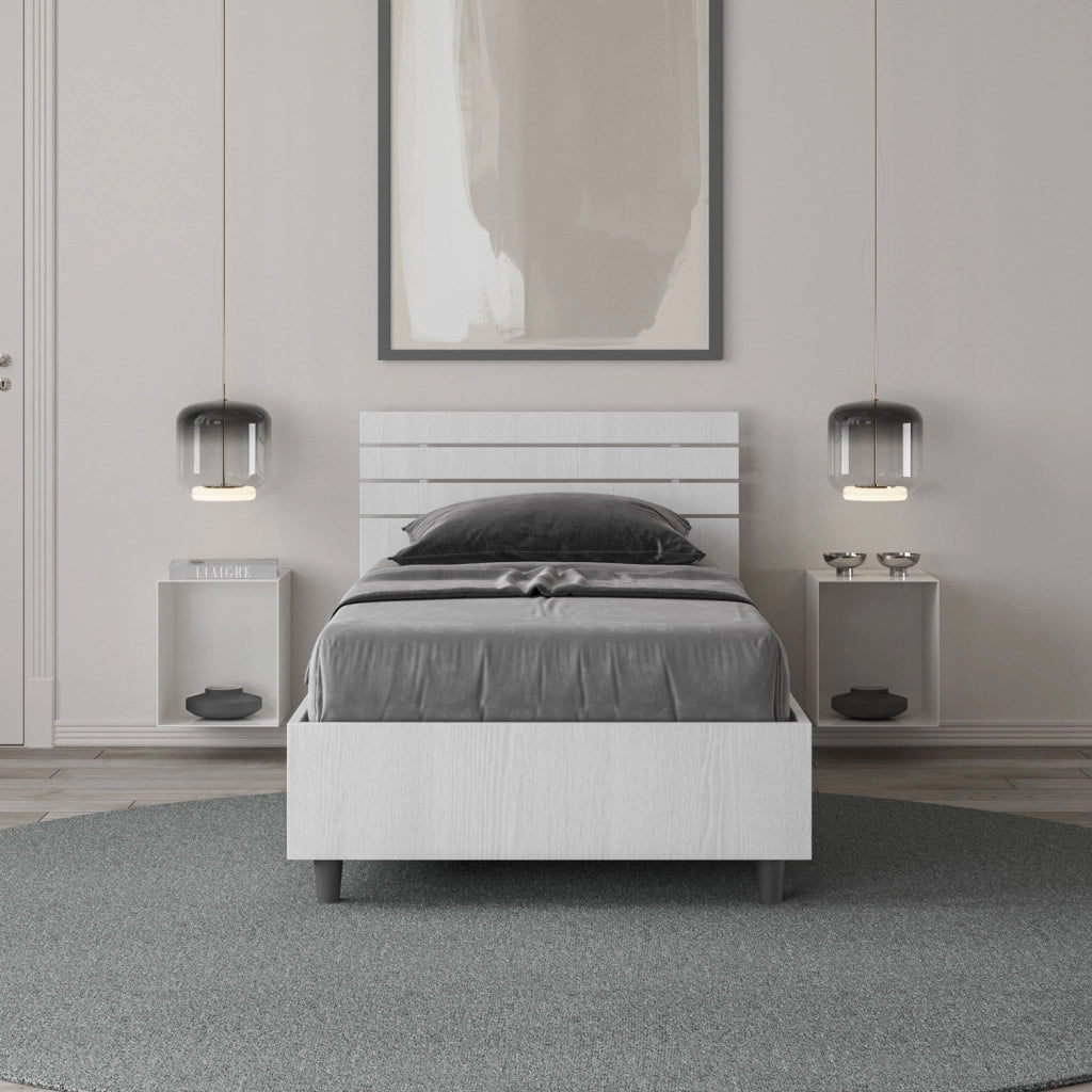 BS COM Letto singolo contenitore 80x200 testata dritta con doghe bianco frassino