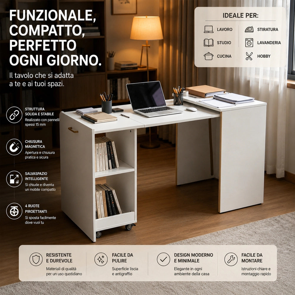 Mobile con Tavolo Scrivania a Scomparsa Richiudibile Salvaspazio in Truciolare Bianco