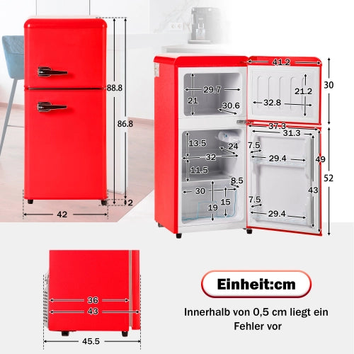 Frigorifero retro; congelatore; doppia porta; volume totale 60L; scompartimento congelatore da 22L; luce LED; efficiente energetico; rosso