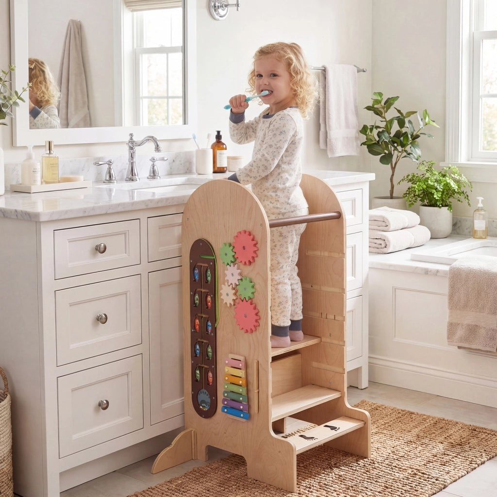 Torre montessoriana per bambini con 5 in 1 scala regolabile in altezza in legno, Sgabello a scaletta lavagna scivolo sgabello e giochi